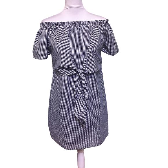 Gingham Off Shoulder Tie Front Mini Dress Beach summer vacation Large Resortwear - Picture 2 of 6